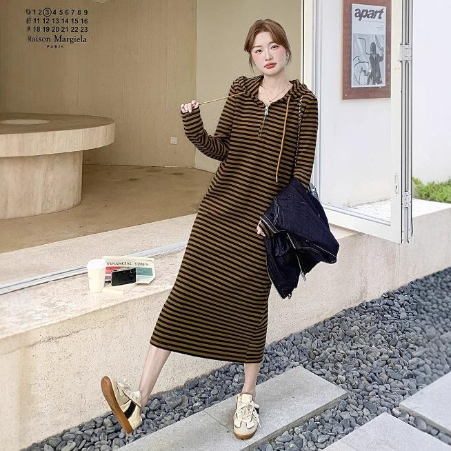 棕色条纹连衣裙女季2B297-172卫025新款复古休闲高黄级感马甲衣秋