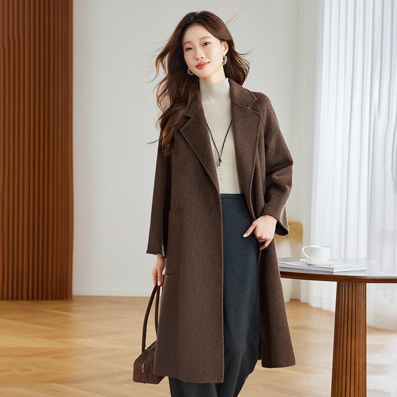 女式外套秋冬新款宽松显瘦呢洋气系翻领带长款羊毛毛呢大衣YEYE62