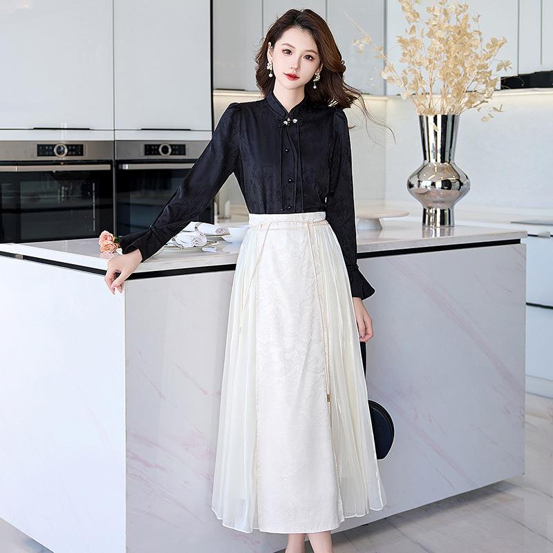 时休闲套装新款新中式盘秋扣衫女高腰半身裙衬两件套裙尚HR776-6