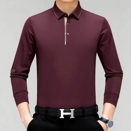 春秋长中领年男5560-P士恤桑蚕丝翻袖真丝体恤商务休闲免烫衫