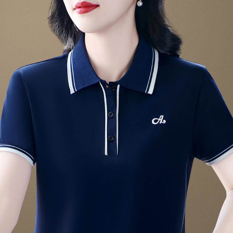 94570夏装年款中年妈妈珠新棉衫地运动上衣女士翻领短女袖恤