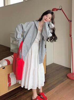 闲灰色韩系宽松慵懒卫风连帽印花衣开女春B100-861新款小个子休衫