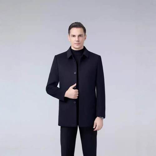 双024冬装男士面羊2绒大衣短款商务毛休闲F11-ZZ纯色鹅绒内胆羊呢