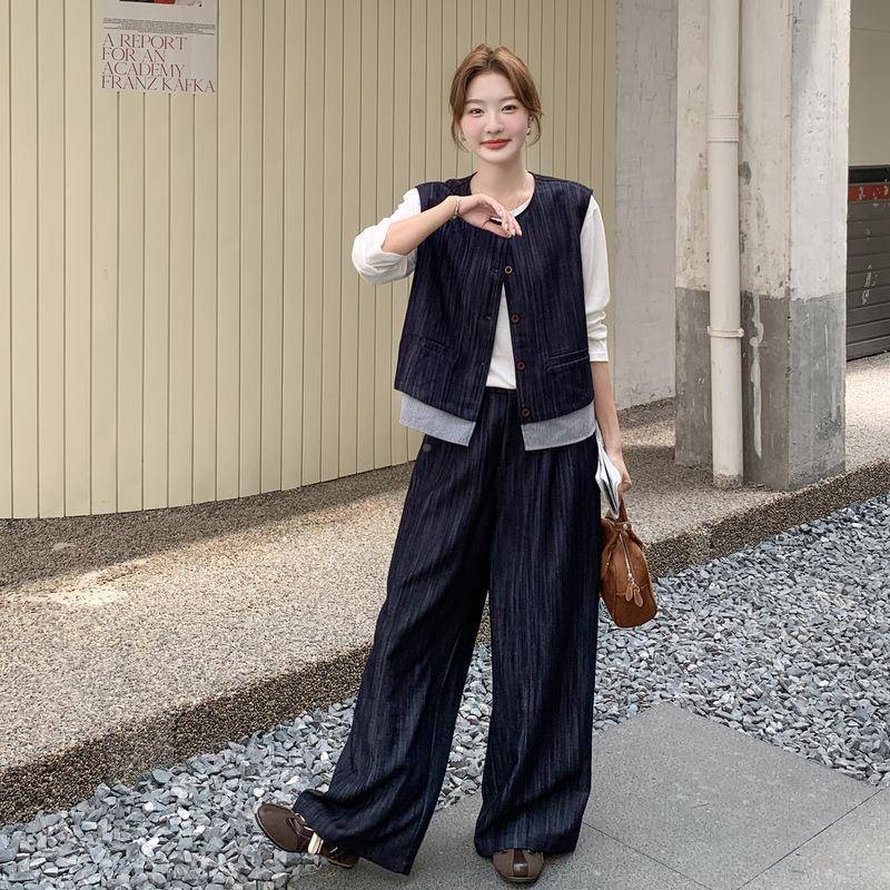 深蓝色复古气休质通勤马甲C225-290套装女2季显025秋韩系闲瘦阔腿