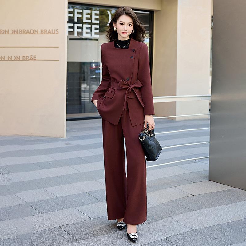 时尚休季HR1010闲套装秋新款女装斜襟系带百门搭外套长两件裤套 H