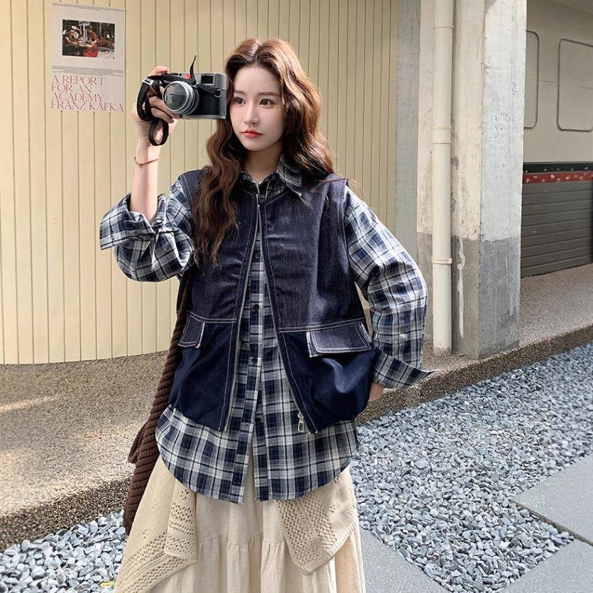 韩系温款风爆火休闲范套装女季20柔25新B271-821减龄马甲格子秋衬