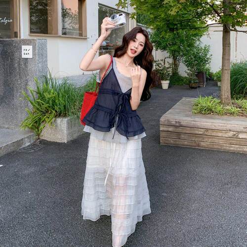 藏青C172-X26色法式轻边奢风套装新款花无袖上衣带系衫小半身裙三