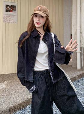 深蓝色女复古C323- 25感高级仔牛休闲套装2025秋新款长袖衬衫阔腿