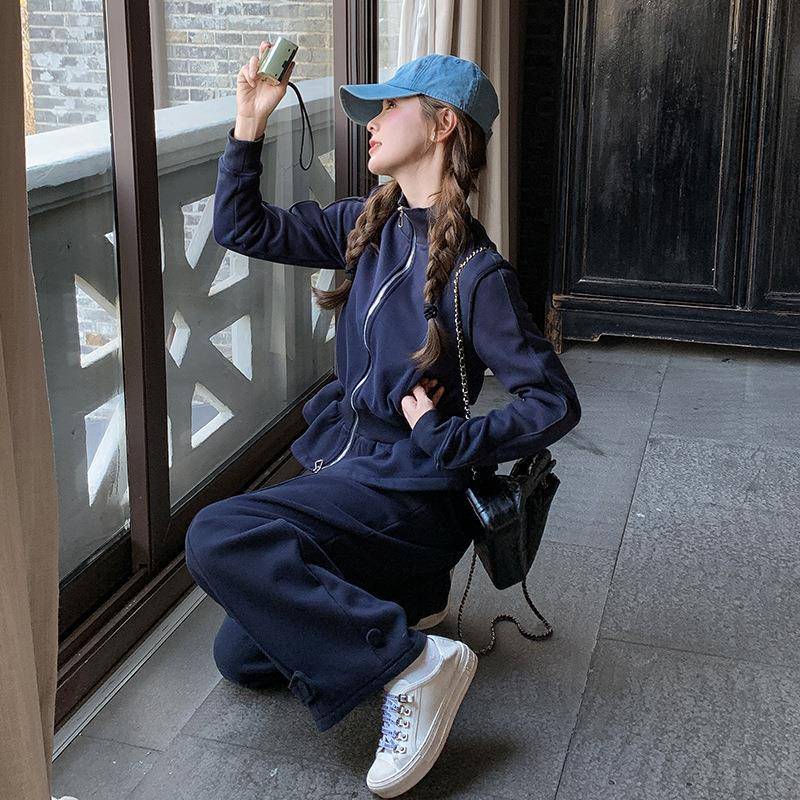 藏青色韩独特卫衣套装女2025C182-C62秋系感新款设计收腰外套阔件