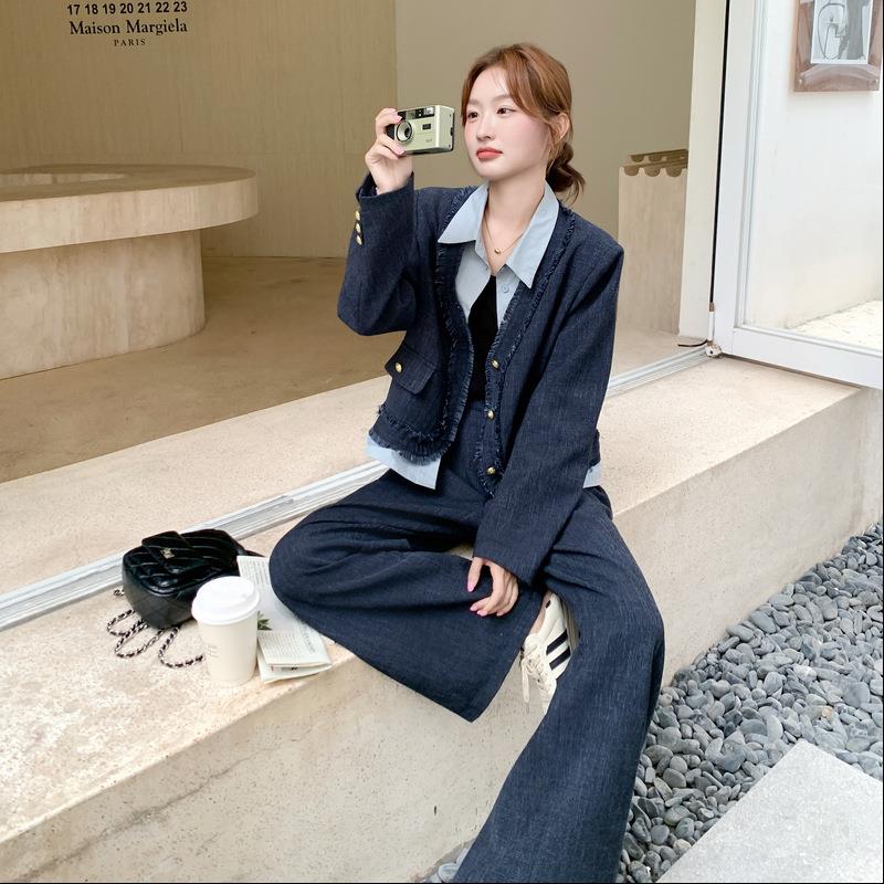 蓝色西装C182-T88套装女版秋季2025新感款韩宽松设计两假两件上衣