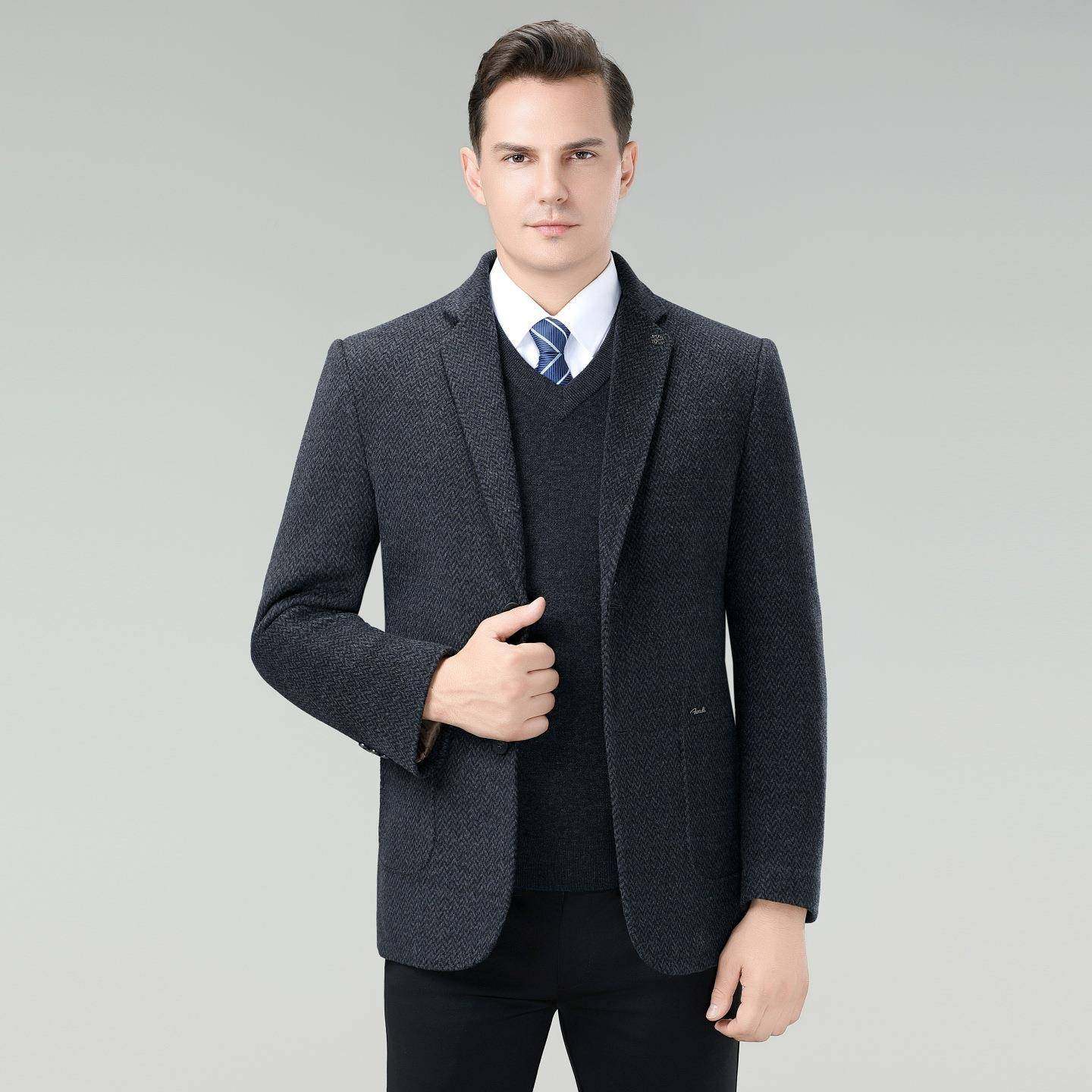 双面爸呢羊毛大衣男士西装2619-F领可加卸内胆羽绒厚大码爸服装外