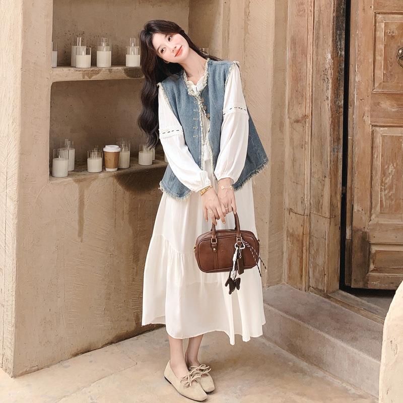 法式漫长浪袖连衣裙女2025秋B107-AD8新款甜美减甲龄牛仔马长裙两