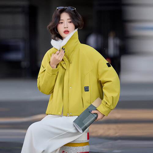保秋冬新款LU9088-1女装绒百搭短款加厚棉服冬季加翻毛领暖外套