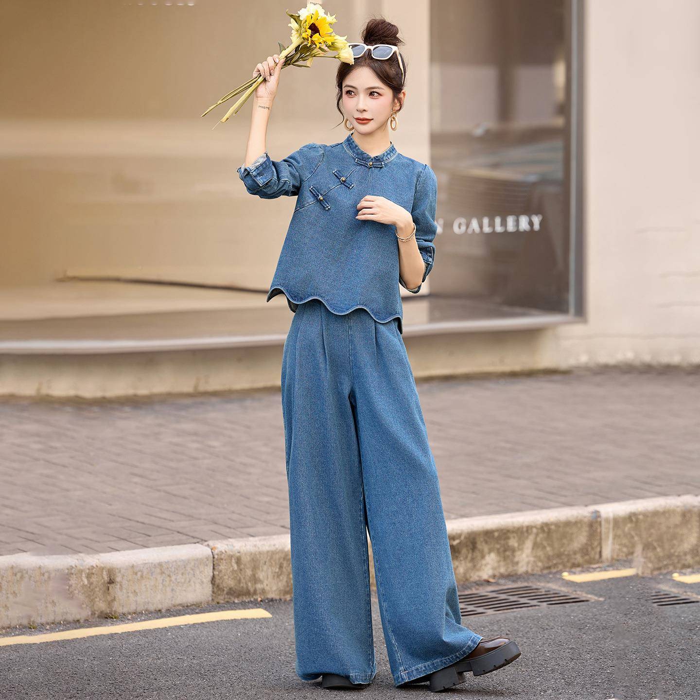 时尚阔裤牛仔套装女秋季0腿2新款复古中式短外新套两件套A2H81AH8