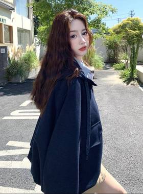 连新深蓝色炸C355-911街减龄帽短套女小个子20外25秋款韩版宽松学