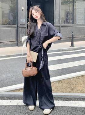 深蓝色牛仔装女秋季2025新款系复风松弛感衬韩衫阔古套腿C153-891