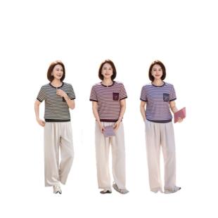 品109290阔罗牌女时尚休闲士套装天丝马布条纹短袖腿裤宽松显瘦晨