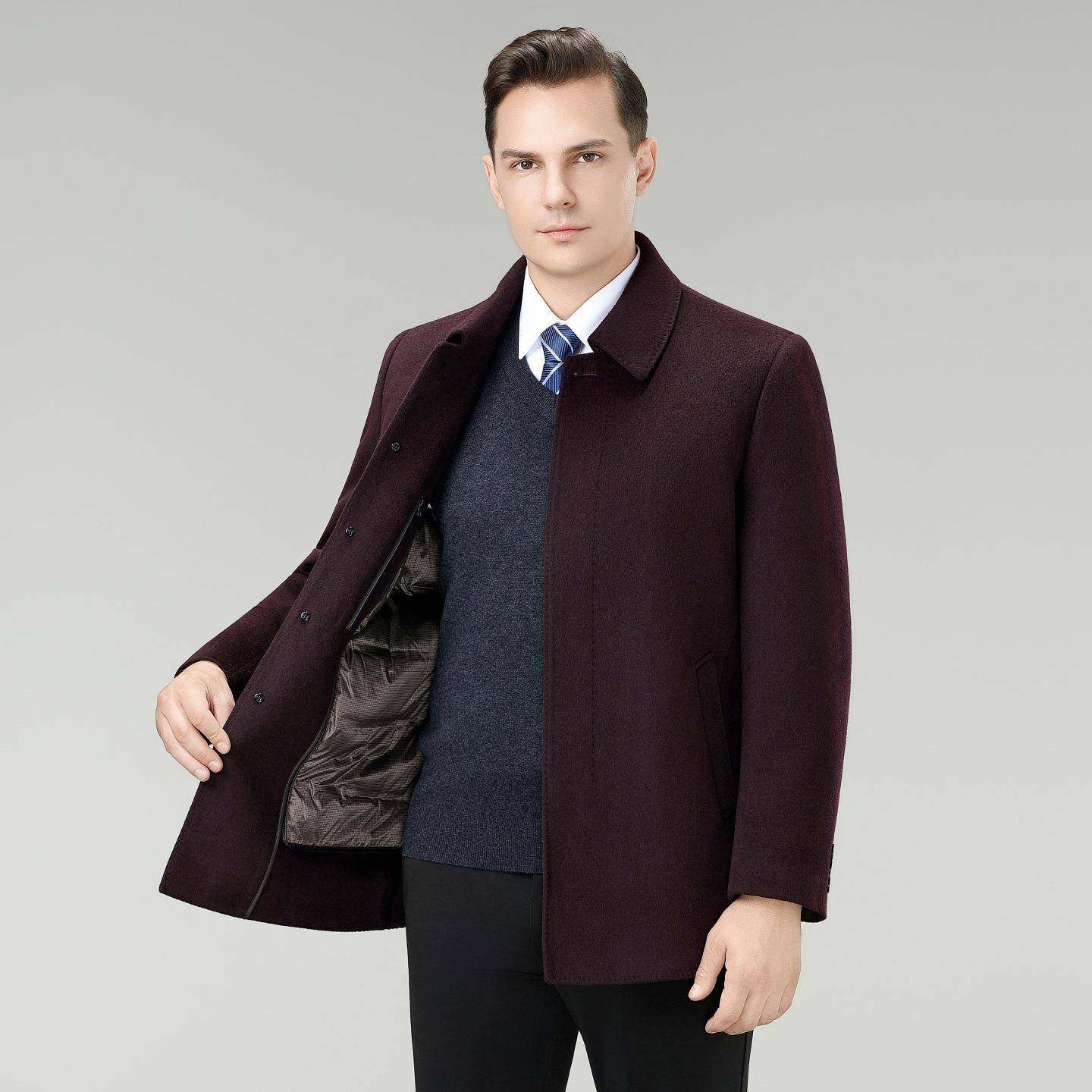 808-C双羊绒大衣面男鸭中长款冬季加厚可拆卸白绒内爸胆爸装羊毛