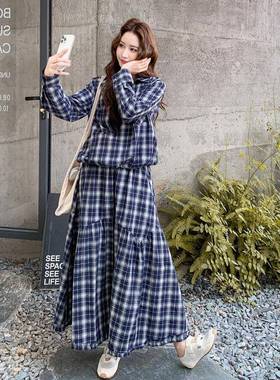 蓝色复古格设计感套装裙女纹2025C161-892季半盐秋系轻熟风上衣身