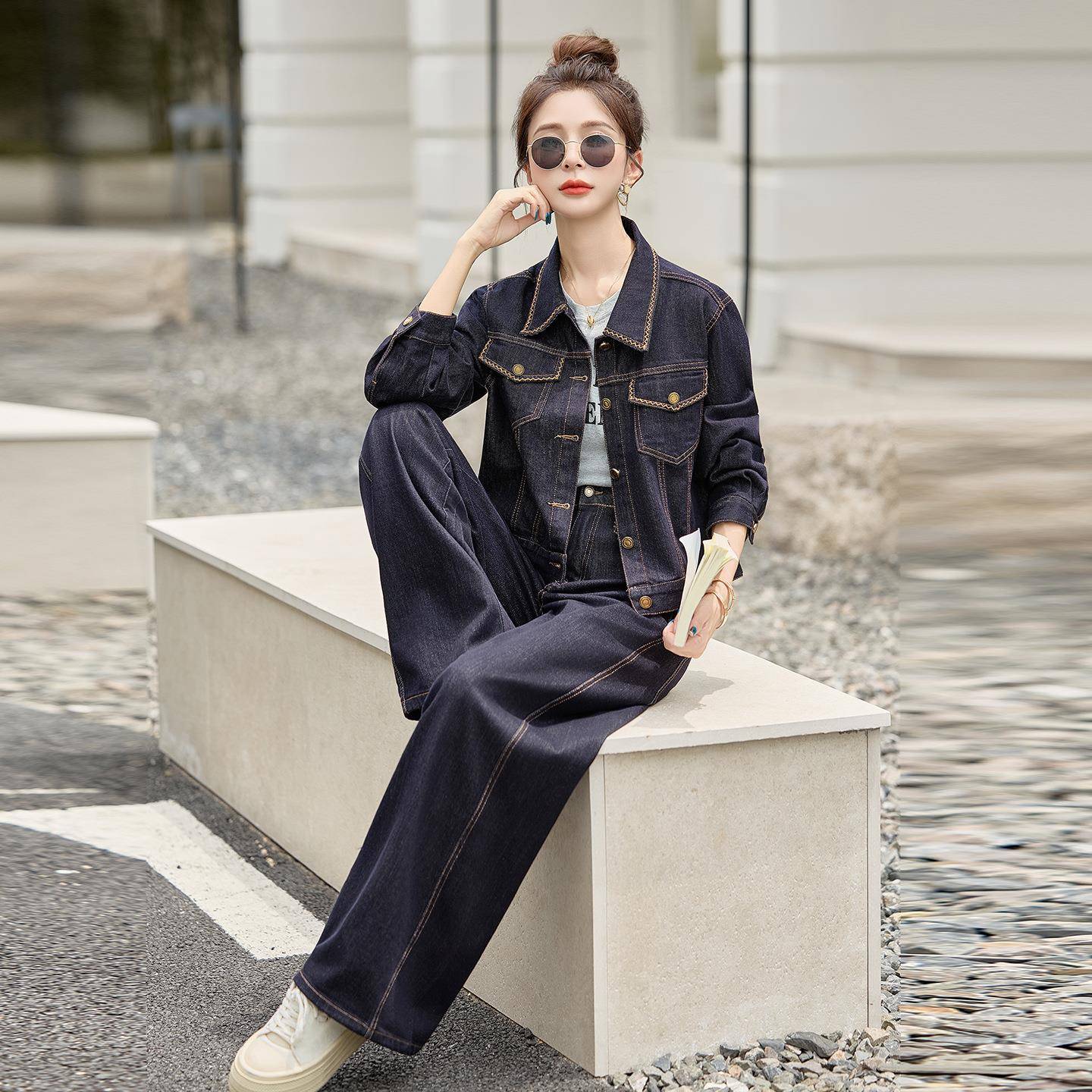 时尚套装22025H秋季新款LH5129-0女装高级感穿搭牛仔外套阔裤腿两