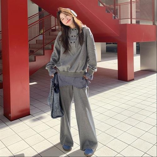 灰色时套尚格休纹拼接连帽卫衣装女2025秋季款新闲b217-107阔腿长