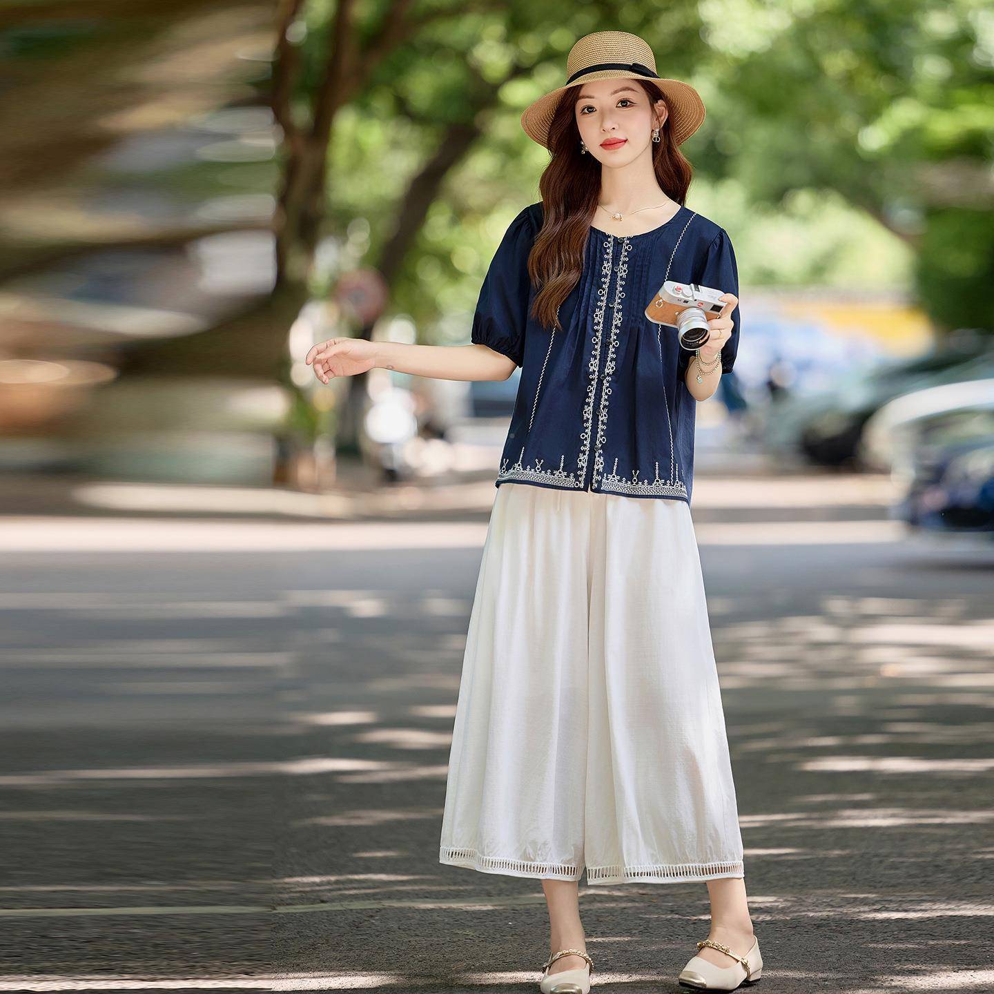 WW2523-0时尚闲套装2025新款复减龄休闲休圆领开衫上衣W阔腿裤两