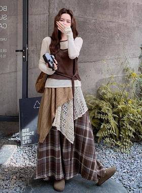 复拼古洋气色织上衣不针则拼接格子规半裙套装女C261-A252025秋小