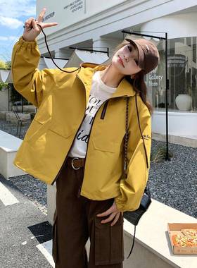 黄色工装连帽外套女秋20C306-81725短新韩版宽松减甜龄可盐款可小