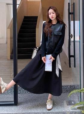黑色袖连衣长pu皮马甲两件套女春秋B271-822爆2025大方得裙体款高