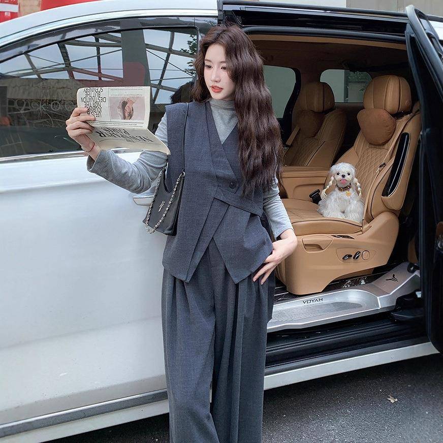 灰韩系不规C090-892则系打带甲套装色女202马5秋季设计感底衫阔腿