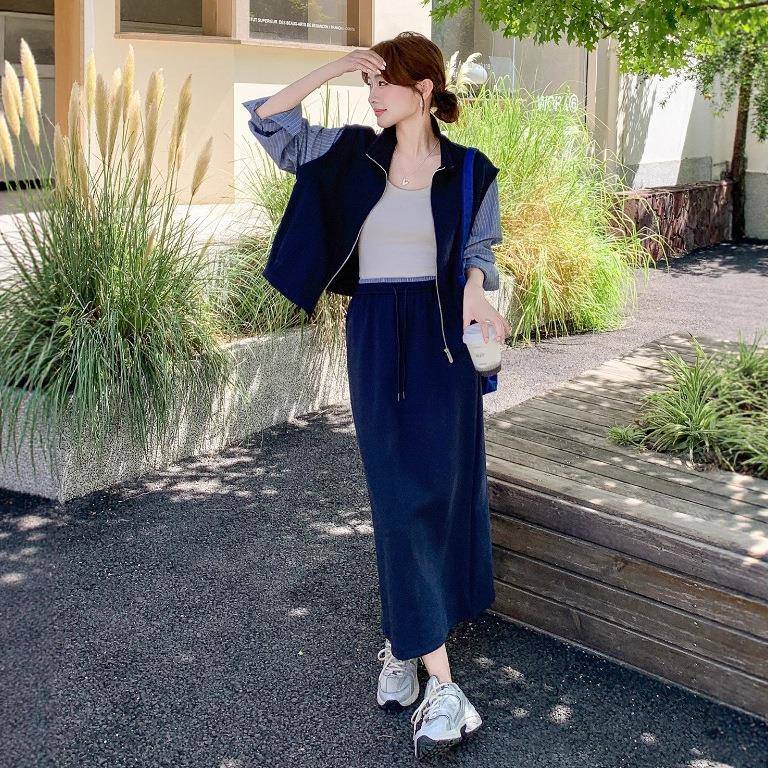 设计系感拼接假两件季卫装衣套女2025秋韩B306-AW4休闲显瘦半身裙