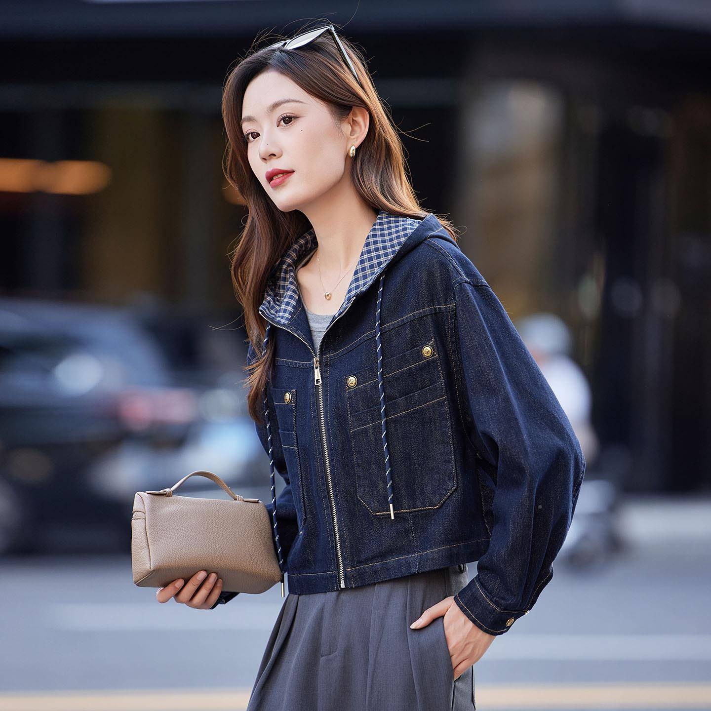 高级感连帽牛短外套GE2569-0女装仔2025秋季超好看洋气百夹克2上