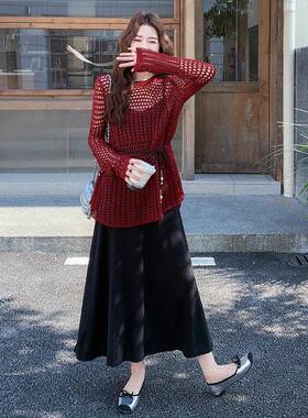 法气质镂空针织衫套装式裙c166-6362250年秋季新款高腰半身裙两件