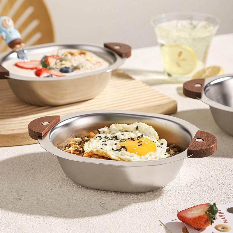 创意ins韩式不锈钢304胡桃木儿童小熊沙拉碗哑光甜品泡面碗水果碗