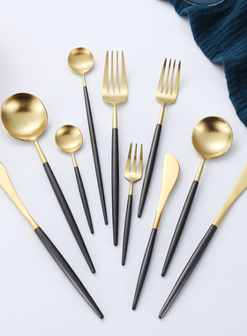 葡萄牙Leon黑金拉丝西餐刀叉勺304不锈钢牛排刀叉家用勺餐具套装