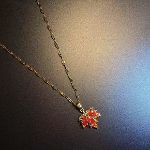 开花的橄榄 Vintage古着 Crimson Leaf红色枫叶项链 锁骨链