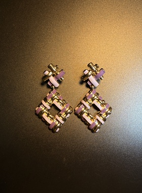 开花的橄榄 Vintage古着 Geo Chic紫色几何方块耳钉 耳环 耳饰