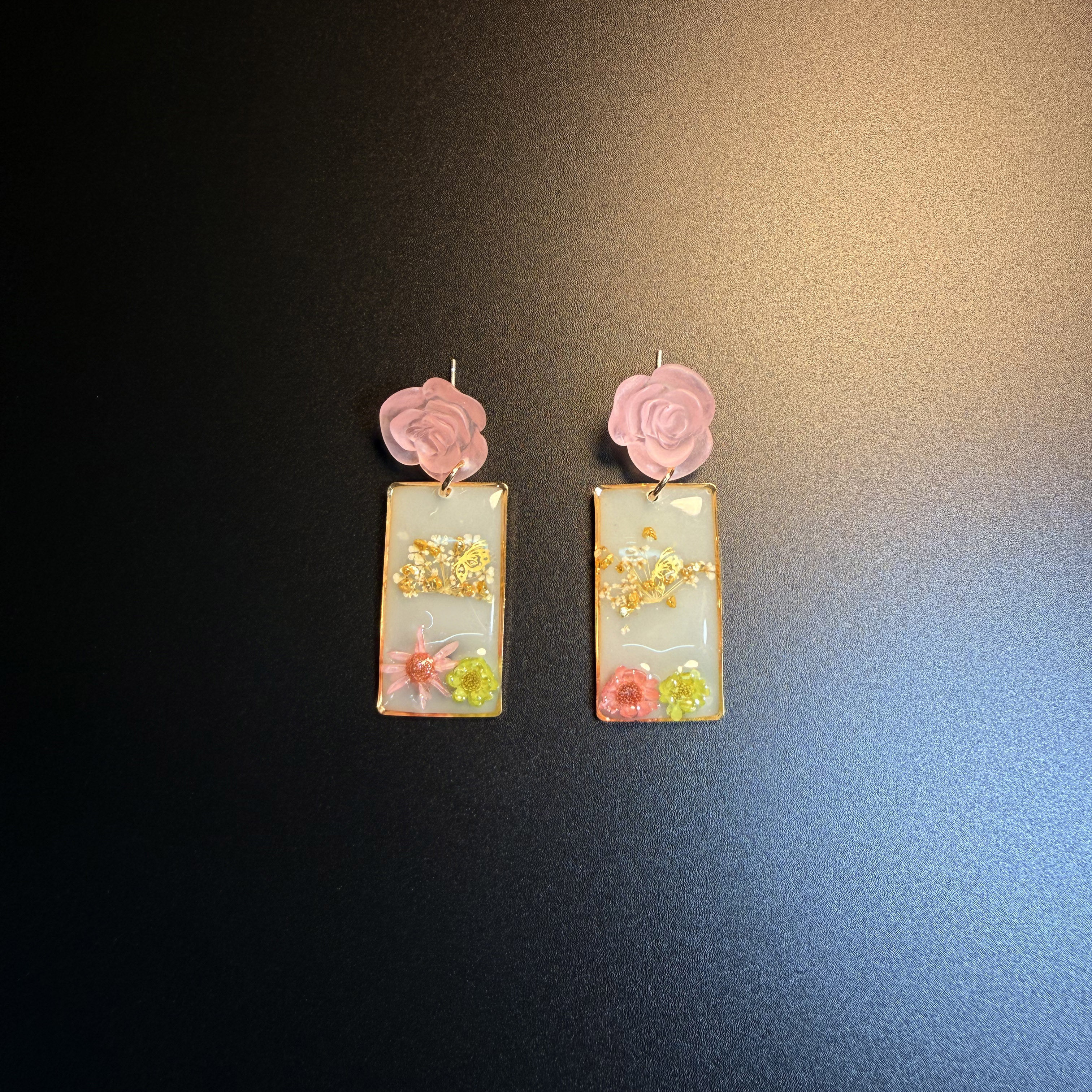 开花的橄榄 Vintage古着 Floral Resin粉色玫瑰干花耳钉耳环 耳饰
