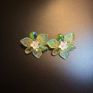 开花的橄榄 Vintage古着 Botanical Bling绿色花朵耳钉 耳环 耳饰