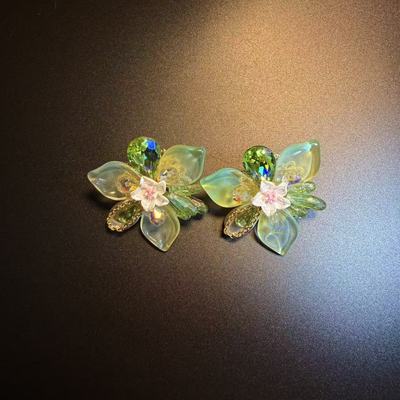 开花的橄榄 Vintage古着 Botanical Bling绿色花朵耳钉 耳环 耳饰