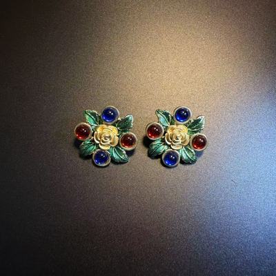 开花的橄榄Vintage古着 Colorful Florals绿色花朵耳钉 耳环 耳饰