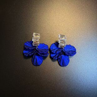 开花的橄榄 Vintage古着 Opal Petal蓝色花朵流苏耳钉 耳环 耳饰