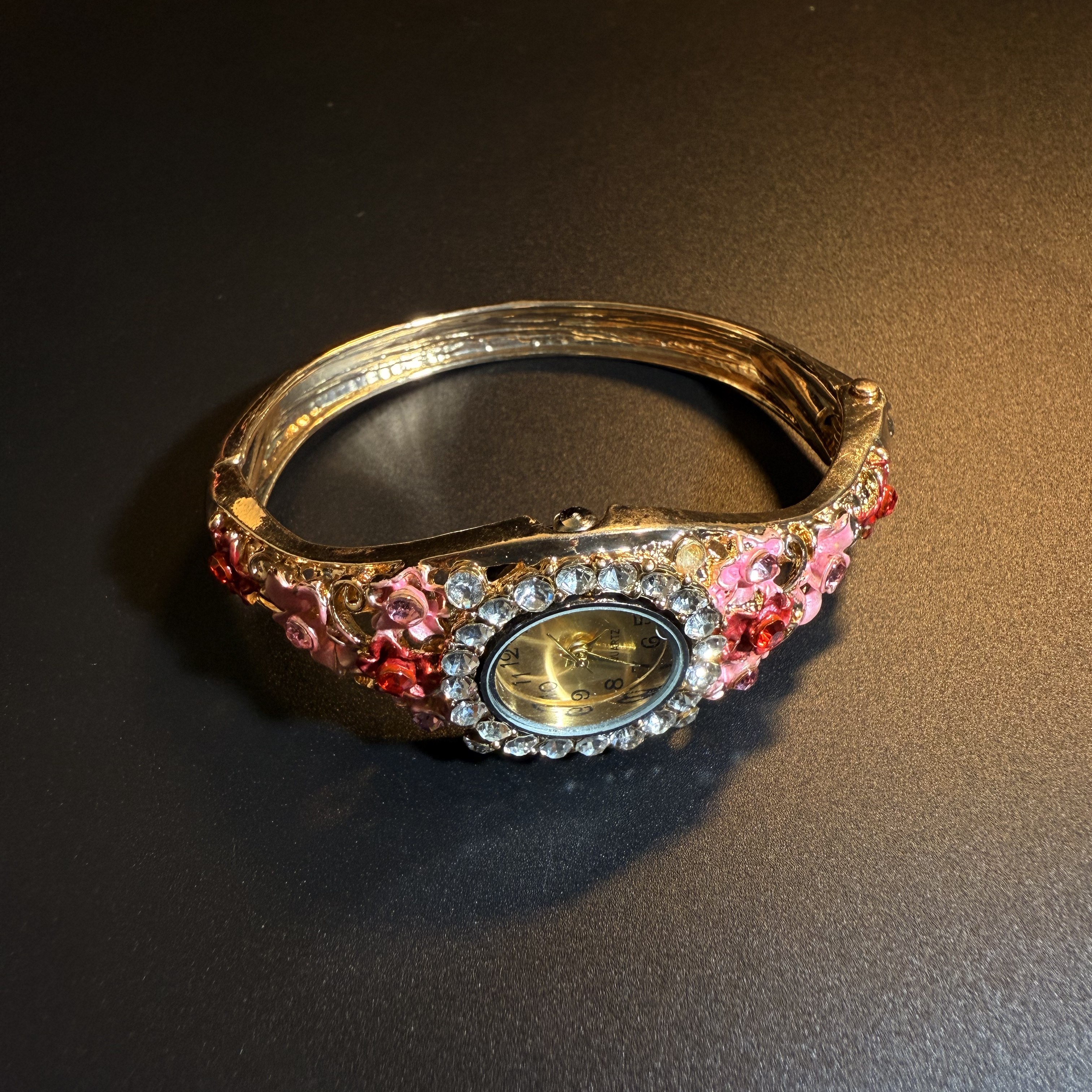 开花的橄榄 Vintage古着 Charming Floral Gold Bangle粉色手镯表