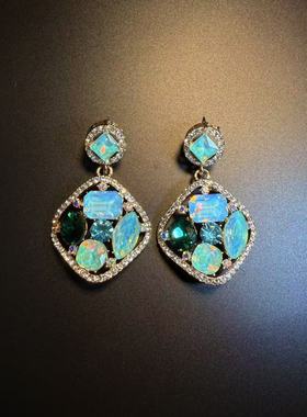 开花的橄榄 Vintage古着 Crystal Medley蓝绿色耳钉 耳环 耳饰