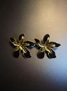 开花的橄榄 Vintage古着 Gilded Petals黑色花朵耳钉 耳环 耳饰