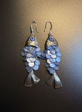 开花的橄榄 Vintage古着 Wave Whispers蓝色金鱼耳环 耳饰