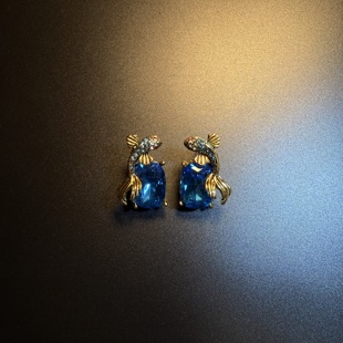 橄榄 耳环 Vintage古着 Fin蓝色金鱼耳钉 耳饰 Crystal 开花