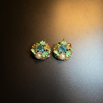 开花的橄榄 Vintage古着 Azure Leaf蓝色珐琅花朵耳钉 耳环 耳饰