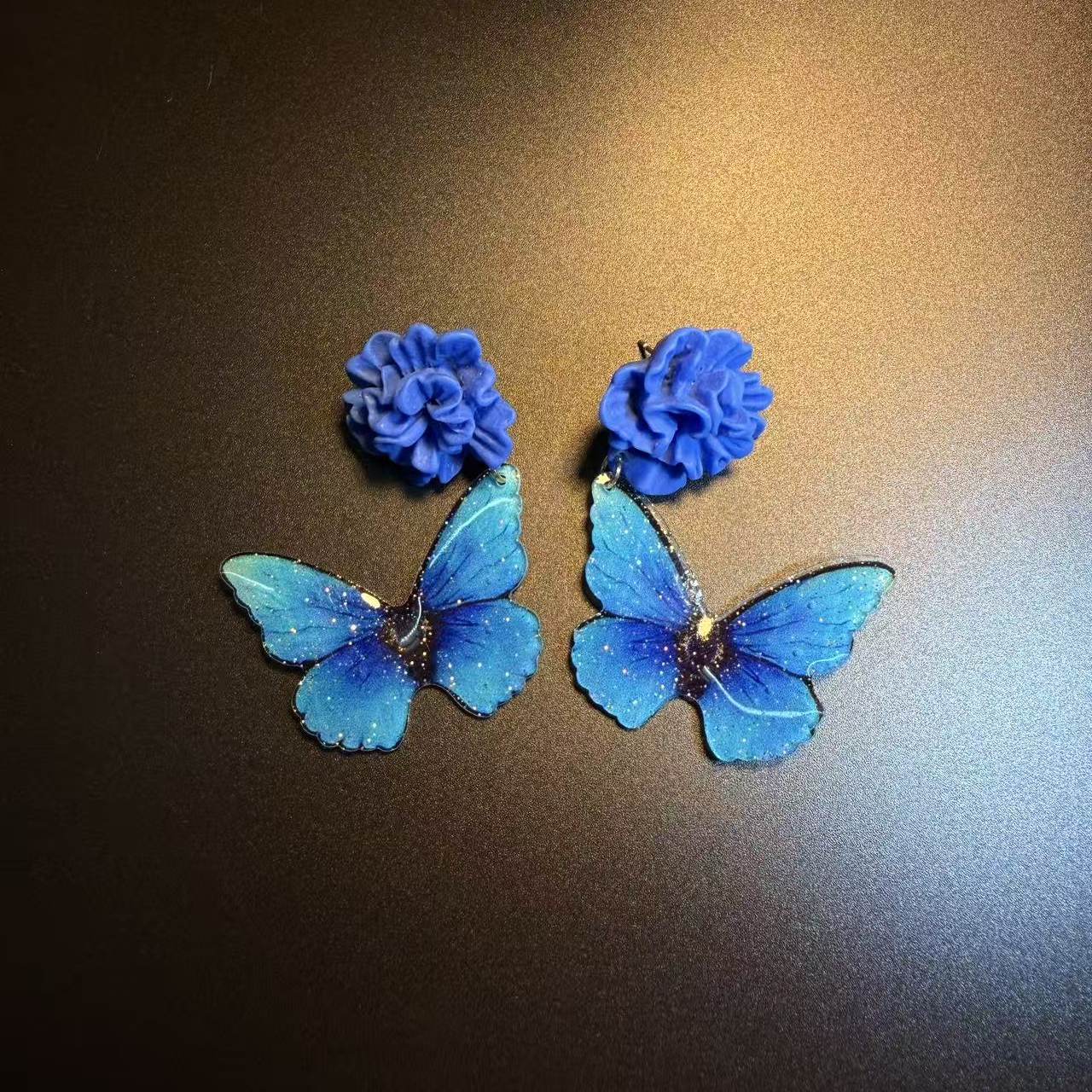 开花的橄榄 Vintage古着 Floral Butterflies蓝色蝴蝶耳环 耳饰