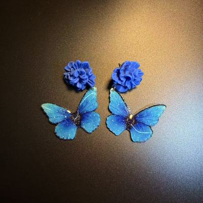 开花的橄榄 Vintage古着 Floral Butterflies蓝色蝴蝶耳环 耳饰